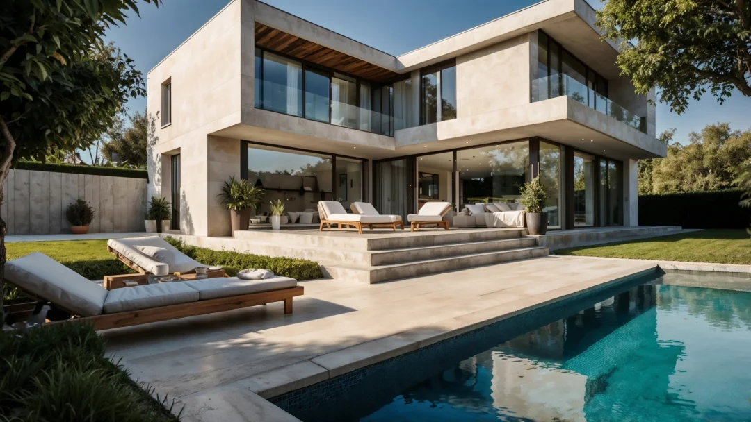 Maison moderne avec piscine et patio, mettant en valeur un aménagement extérieur élégant et contemporain.